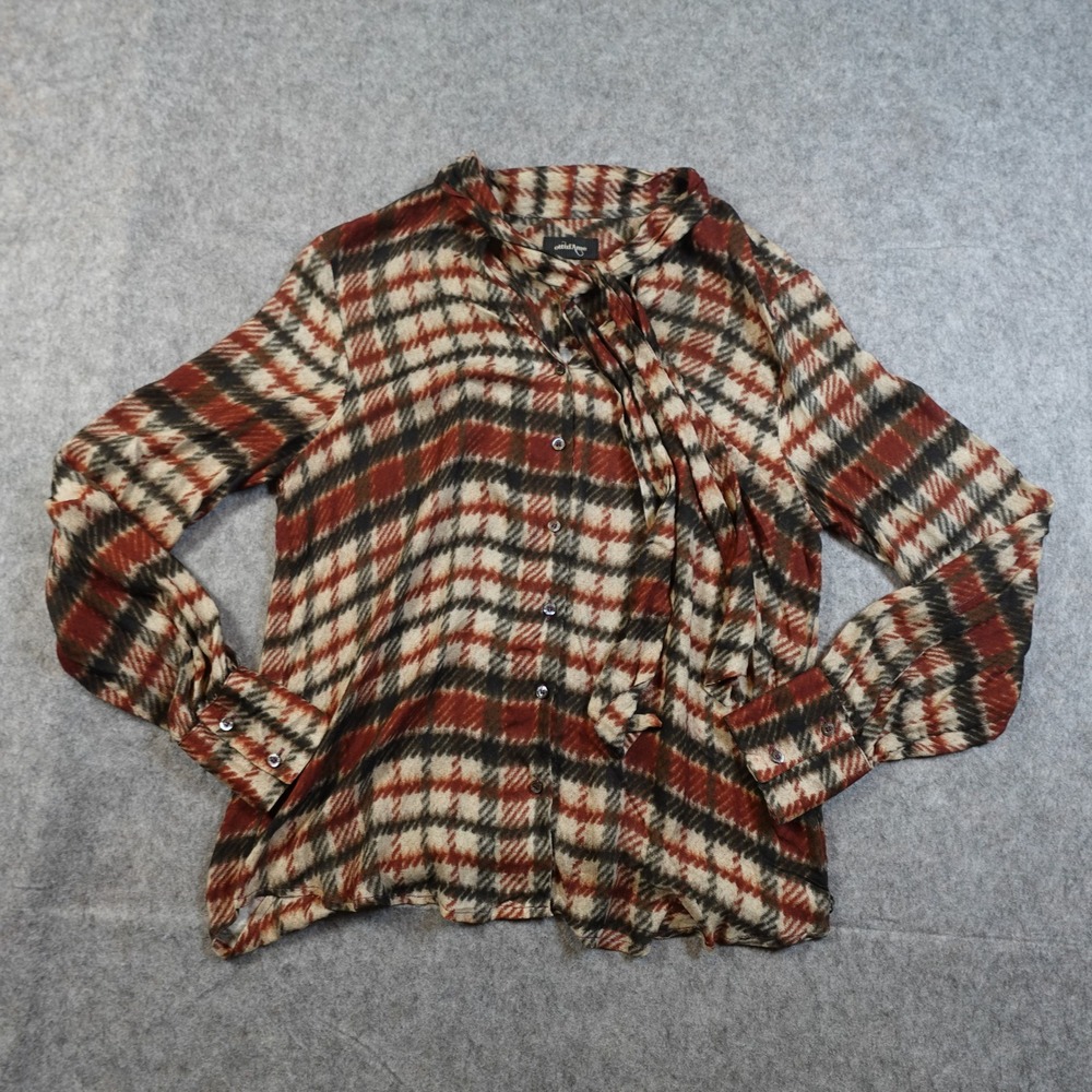 Ottod'Ame Top Womens 8 Button Front Tie Scarf Neck Plaid Blouse Red Black Tan